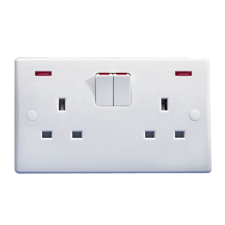 2 Gang 13a Switched Socket With Neon Indicators White Plastic